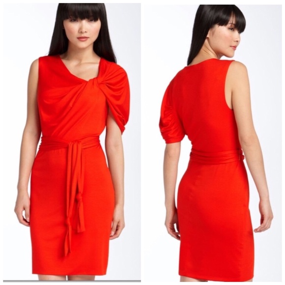 Trina Turk Raven Bodycon Dress Red Twist Shoulder Cocktail Midi Asymmetric 10 - Picture 1 of 7